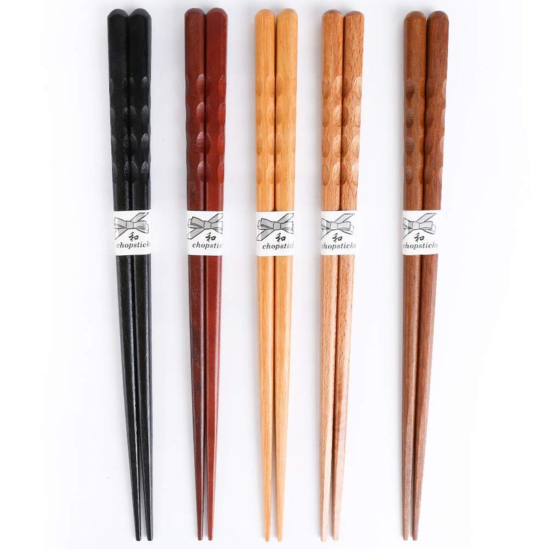 MFJUNS 5-Pairs Reusable Set of Chopsticks  Natural Wood Chopstick and Minimalism Japanese Chopsticks Non-slip Design 8.8 Inch/22.5cm Gift Set - Image 3